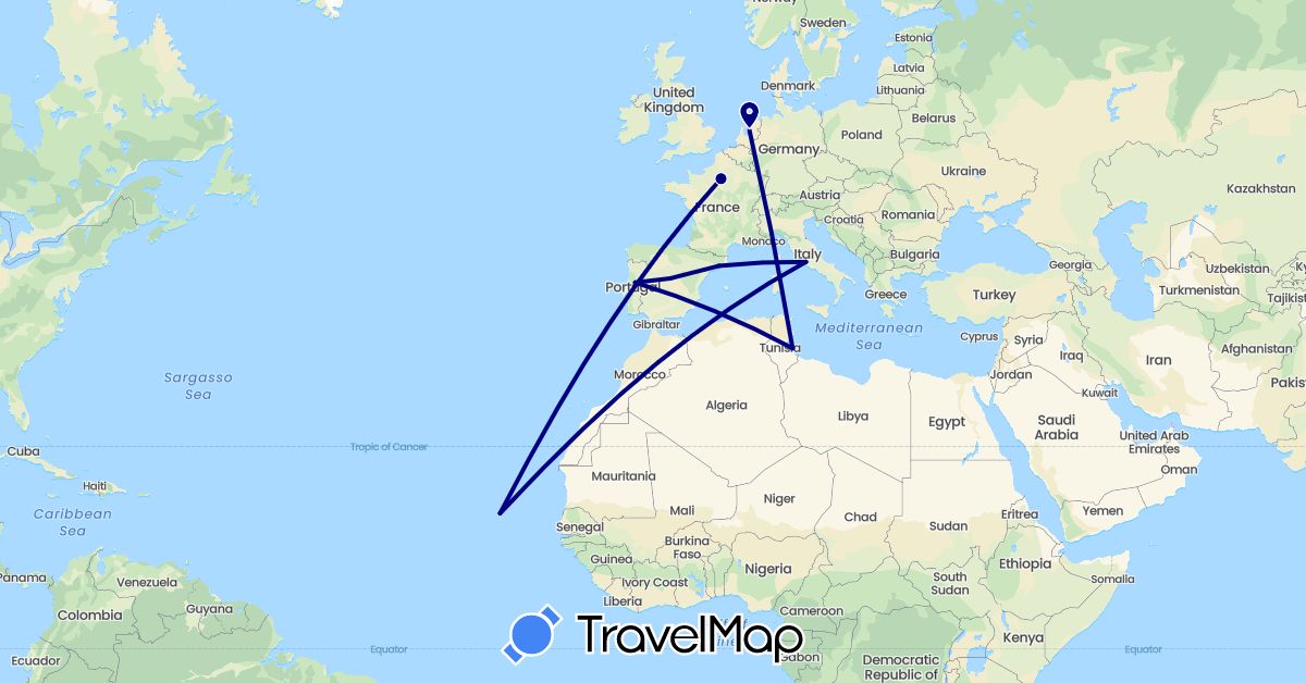 TravelMap itinerary: driving in Cape Verde, Spain, France, Italy, Netherlands, Portugal, Tunisia (Africa, Europe)